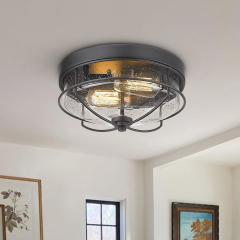 Modern Farmhouse Hallway Drum Metal Flush Mount Ceiling Light Fixtures in Seeded Glass Shade