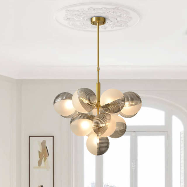 Luxury Modern 5/13 Light Brass Bubble Cluster Grape Chandelier in Opal Textured Gray+White Glass Shade for Living /Dining Room