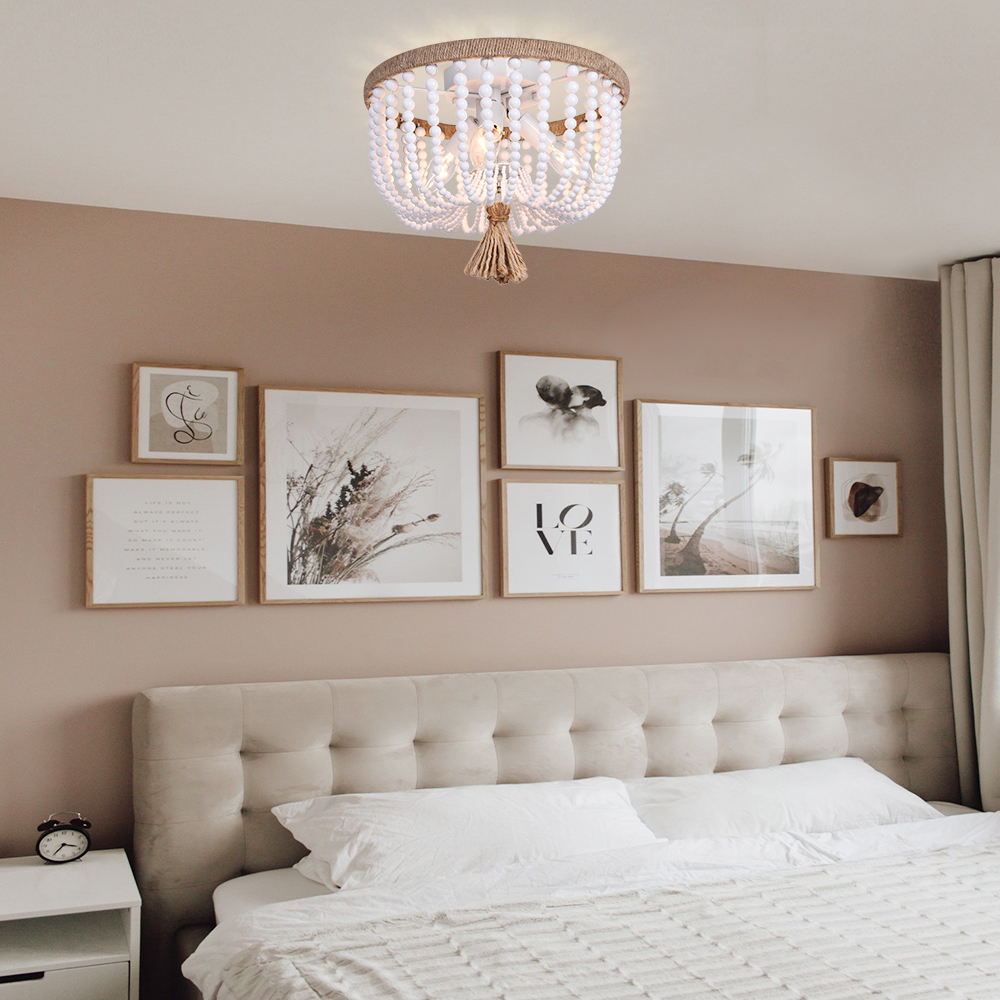 Modern Coastal Wood Beaded Flush Mount Ceiling Light in a Rope Knot Design for Entryway, Bedroom, Kitchen, Living Room