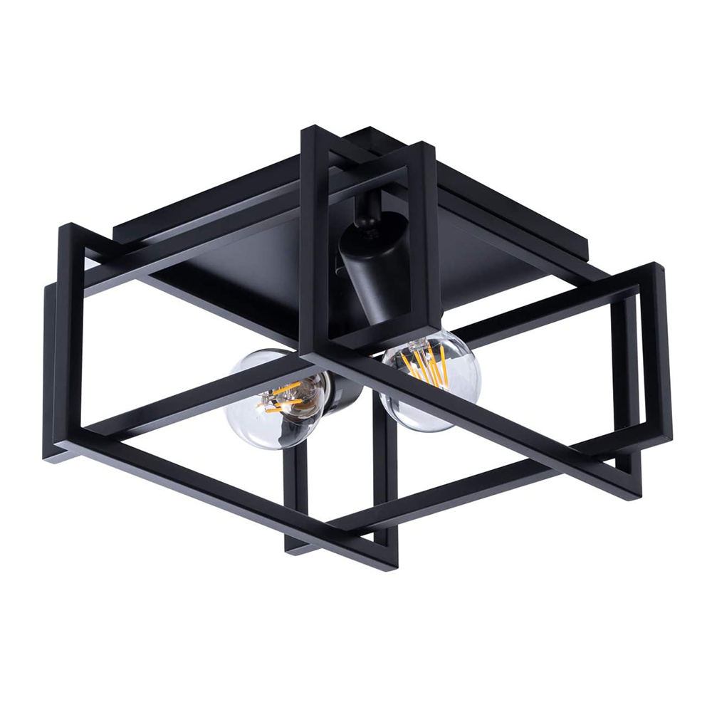 3-Light Modern Farmhouse Flush Mount Square Metal Cage Hallway Ceiling Light Fixtures in Black Finish