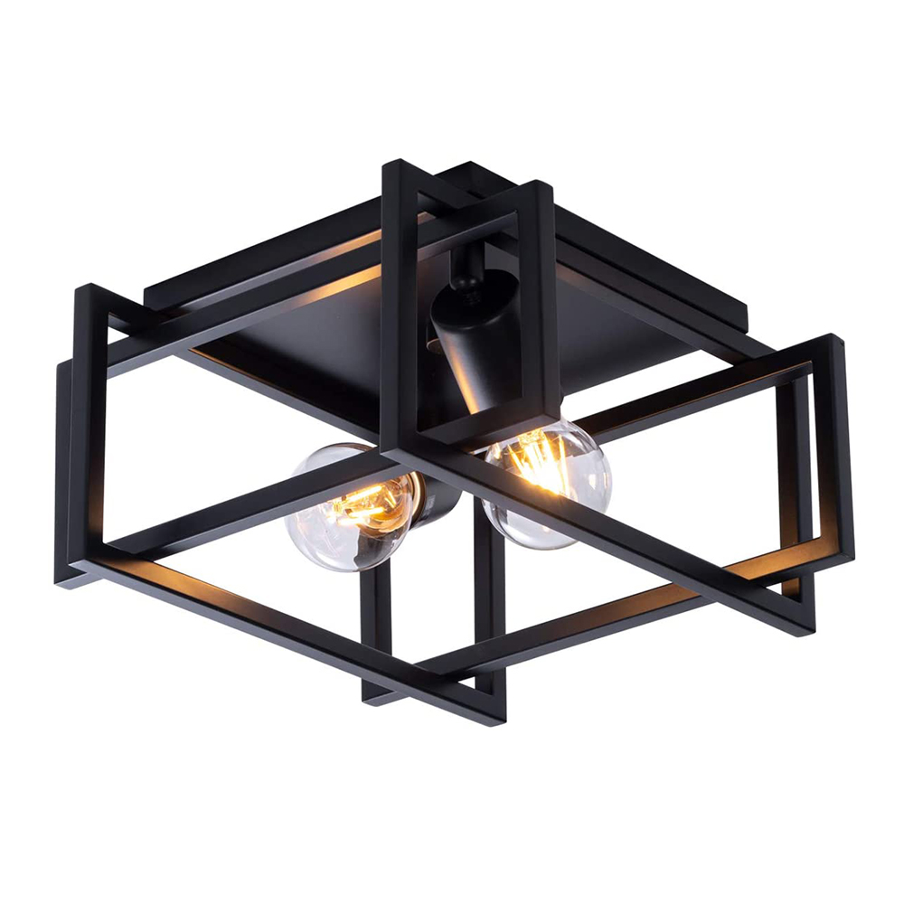 3-Light Modern Farmhouse Flush Mount Square Metal Cage Hallway Ceiling Light Fixtures in Black Finish