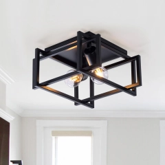 3-Light Modern Farmhouse Flush Mount Square Metal Cage Hallway Ceiling Light Fixtures in Black Finish