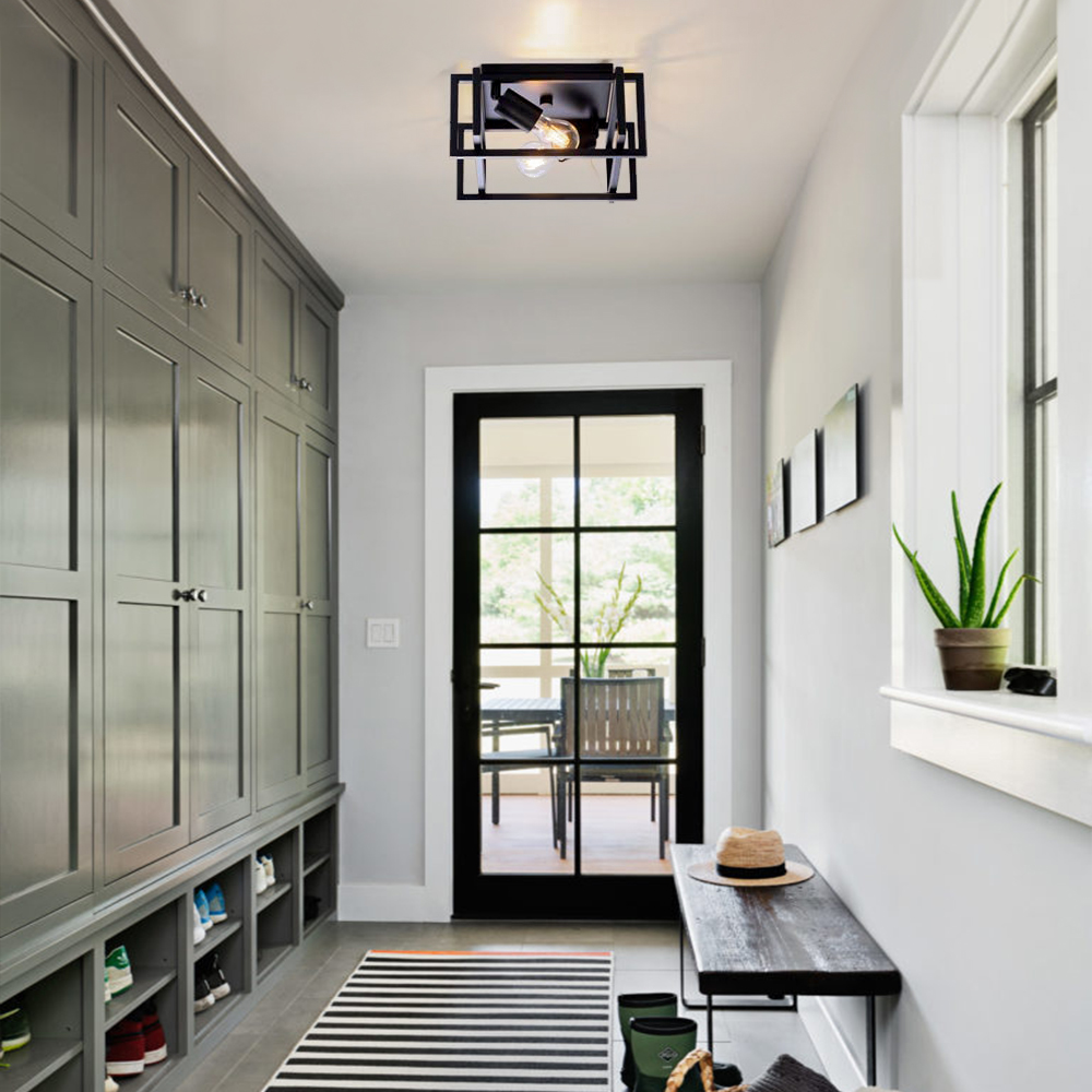 3-Light Modern Farmhouse Flush Mount Square Metal Cage Hallway Ceiling Light Fixtures in Black ...