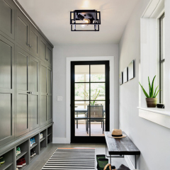 3-Light Modern Farmhouse Flush Mount Square Metal Cage Ceiling Light Fixtures in Black Finish