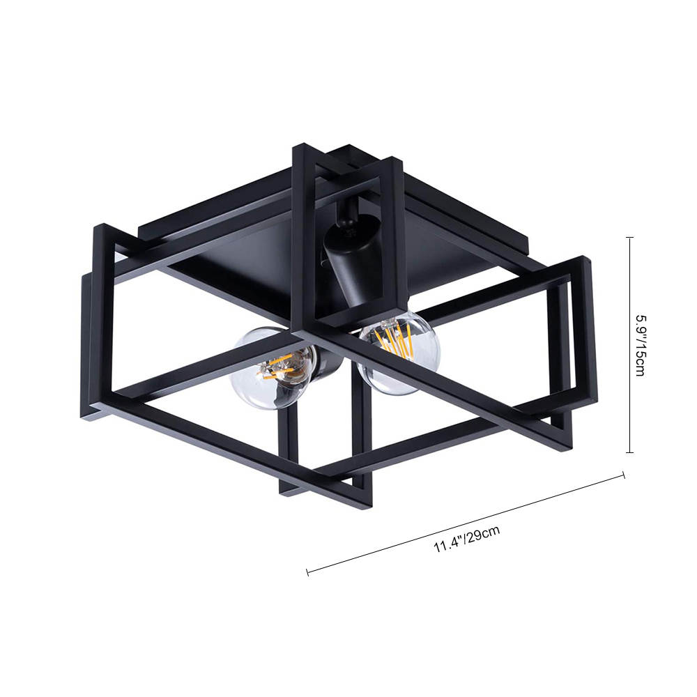 3-Light Modern Farmhouse Flush Mount Square Metal Cage Hallway Ceiling Light Fixtures in Black Finish