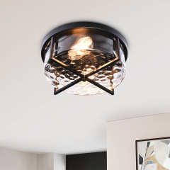Mid-century Modern Farmhouse Industrial Drum Flush Mount Industrial Seeded Glass Shade Ceiling Light Fixtures