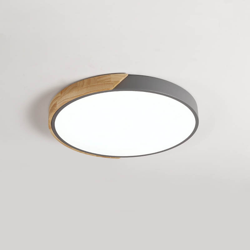 Dimmable Modern Minimalist LED Round Shaped Wood & Metal & Acrylic Flush Mount Ceiling Light for Bedroom Kitchen Living Room