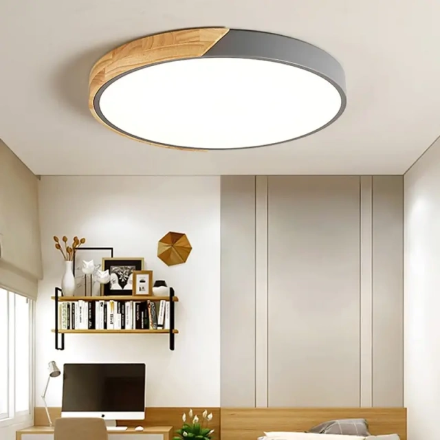 Dimmable with Remote Control Modern Minimalist LED Round Shaped Wood & Metal & Acrylic Flush Mount Ceiling Light