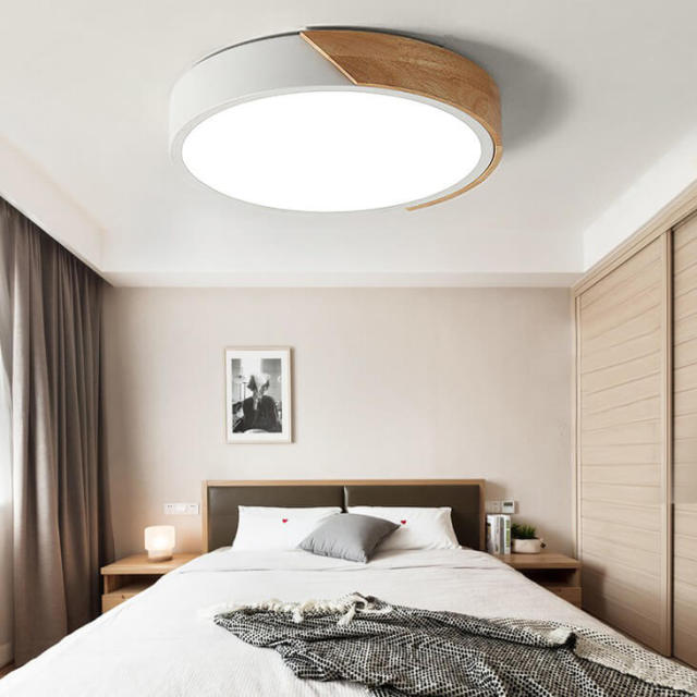 Dimmable Modern Minimalist LED Round Shaped Wood & Metal & Acrylic Flush Mount Ceiling Light