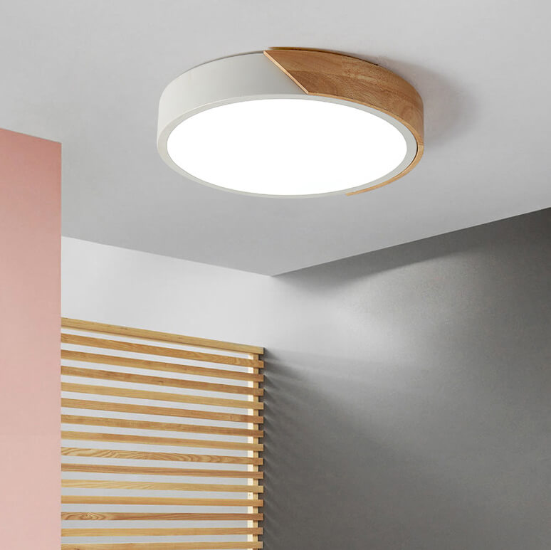 Dimmable Modern Minimalist LED Round Shaped Wood & Metal & Acrylic Flush Mount Ceiling Light for Bedroom Kitchen Living Room