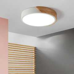 Dimmable Modern Minimalist LED Round Shaped Wood & Metal & Acrylic Flush Mount Ceiling Light for Bedroom Kitchen Living Room