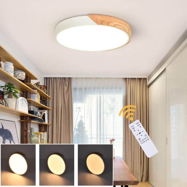 Dimmable with Remote Control Modern Minimalist LED Round Shaped Wood & Metal & Acrylic Flush Mount Ceiling Light