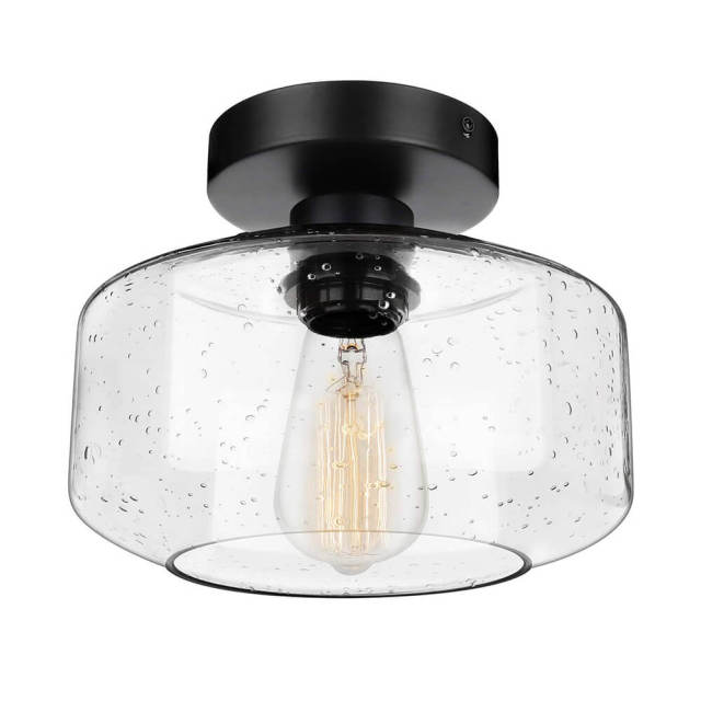 Modern Minimalist Vintage Clear/Seeded Glass Shade Flush Mount Black Ceiling Light for Living Room Dining Room