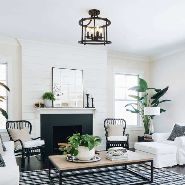 Modern Farmhouse Metal Drum Semi Flush Mount Black Open Cage Ceiling