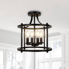 Modern Farmhouse Metal Drum Semi Flush Mount Black Open Cage Ceiling Light  Fixture