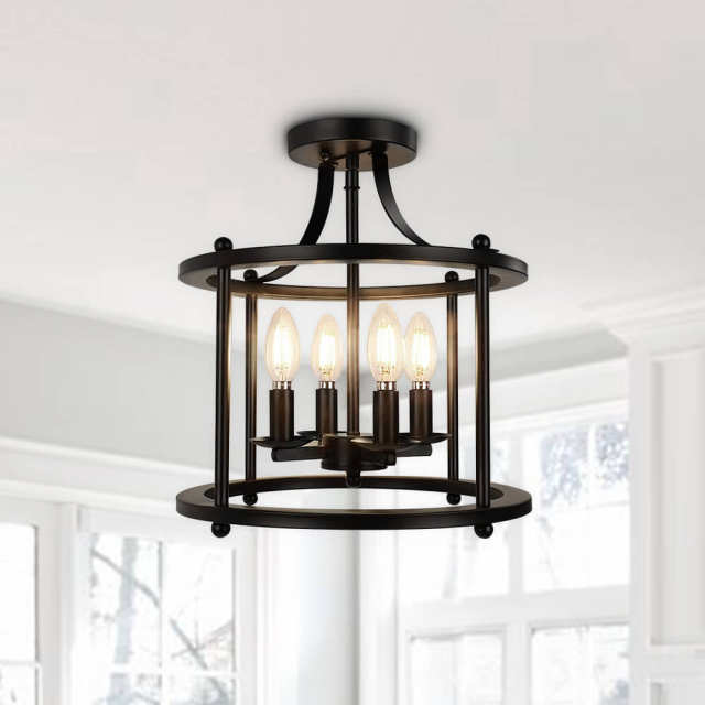 Modern Farmhouse Metal Drum Semi Flush Mount Black Open Cage Ceiling