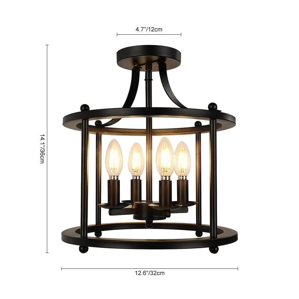 Modern Farmhouse Metal Drum Semi Flush Mount Black Open Cage Ceiling Light  Fixture