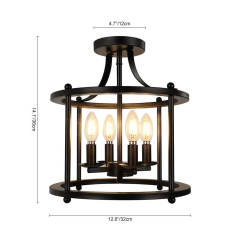 Modern Farmhouse Metal Drum Semi Flush Mount Black Open Cage Ceiling Light  Fixture
