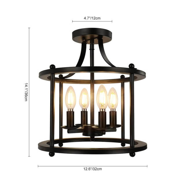 Modern Farmhouse Metal Drum Semi Flush Mount Black Open Cage Ceiling Light  Fixture