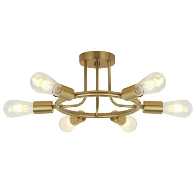 Modern 6-Light Sputnik Chandelier Brass/Black/Nickel Semi Flush Mount Ring Ceiling Light for Kitchen Living Room Dining Room Bedroom