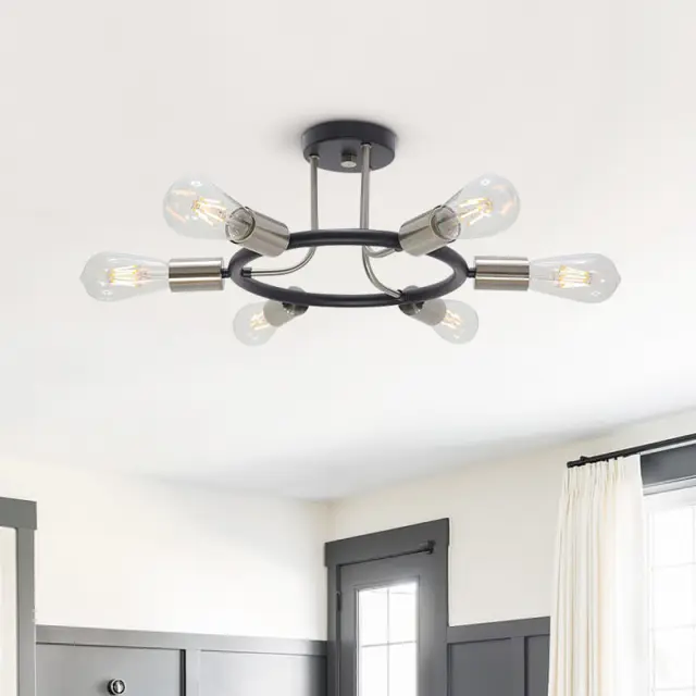 Modern 6-Light Sputnik Chandelier Brass/Black/Nickel Semi Flush Mount Ring Ceiling Light for Kitchen Living Room Dining Room Bedroom