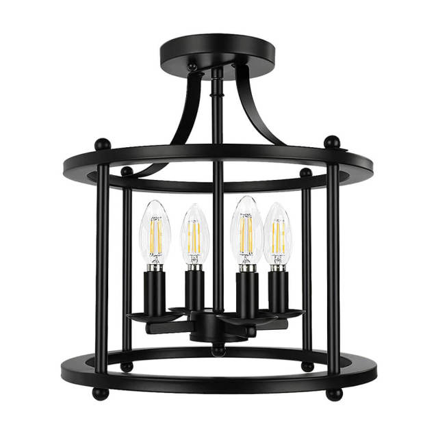 Modern Farmhouse Metal Drum Semi Flush Mount Black Open Cage Ceiling Light  Fixture