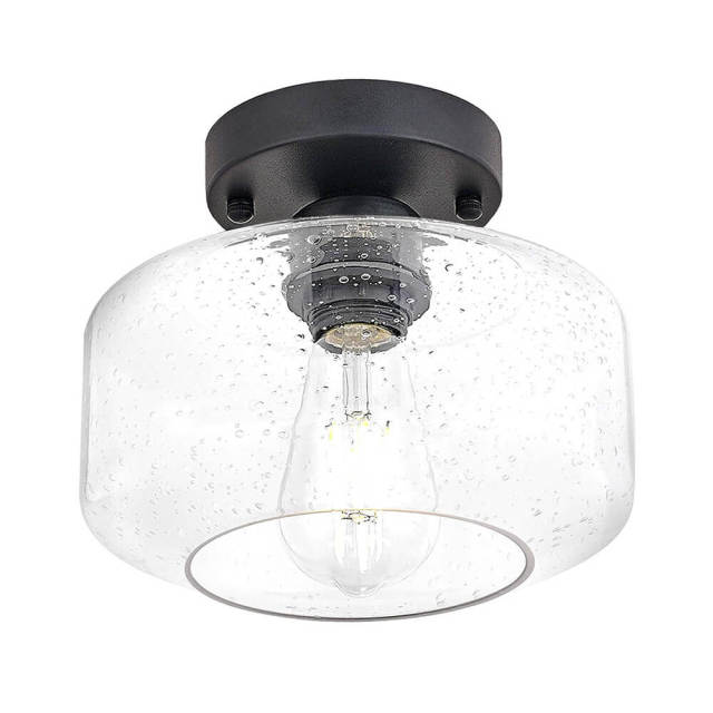 Modern Minimalist Vintage Clear/Seeded Glass Shade Flush Mount Black Ceiling Light for Living Room Dining Room