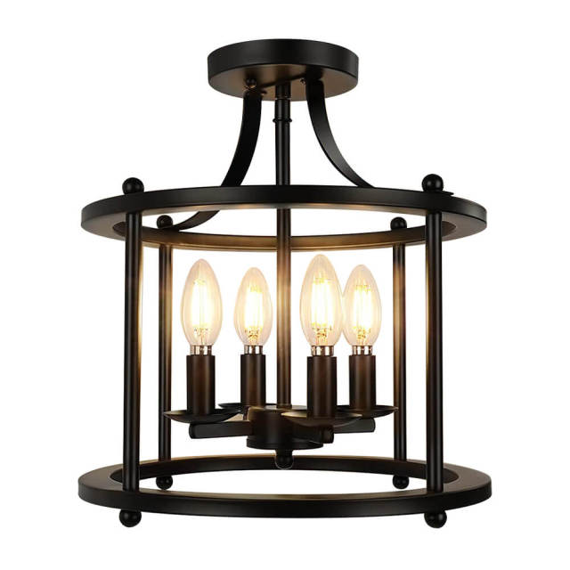 Modern Farmhouse Metal Drum Semi Flush Mount Black Open Cage Ceiling Light  Fixture