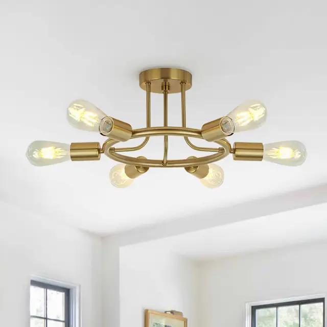 Modern 6-Light Sputnik Chandelier Brass/Black/Nickel Semi Flush Mount Ring Ceiling Light for Kitchen Living Room Dining Room Bedroom
