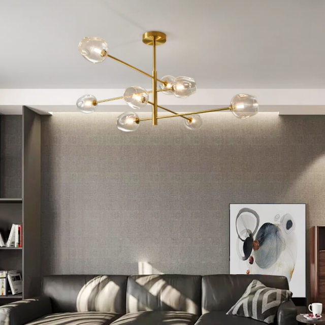 Modern 8-Light Sputnik Transparent Globe Multi Chandelier in Brass Finish for Living Room/Bedroom/Dining Room