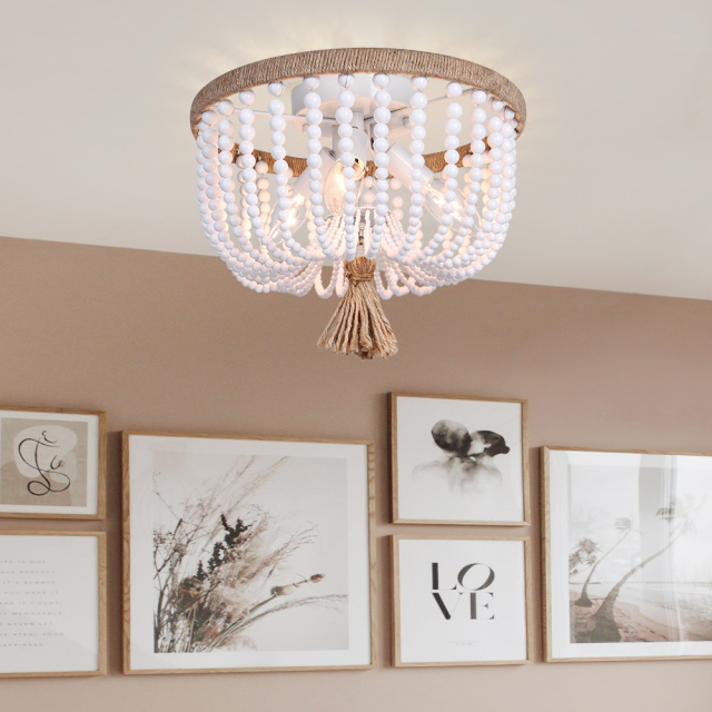 Vintage Mid-century Wood Beaded Flush Mount Ceiling Light in a Rope Knot Design for Entryway, Bedroom, Kitchen, Living Room