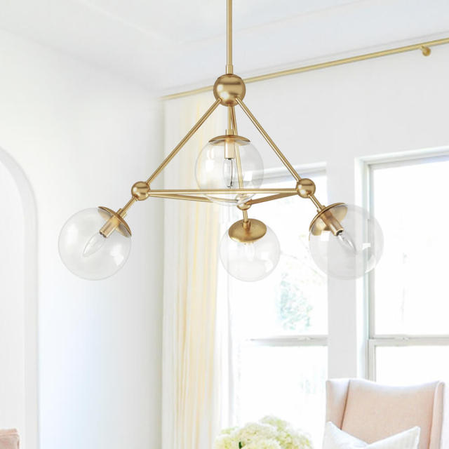 Modern Glam Sputnik Triangle Chandelier in Brushed Brass Finish with Clear Glass Shade for Dining Room/Kitchen/Living Room