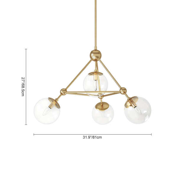 Modern Glam Sputnik Triangle Chandelier in Brushed Brass Finish with Clear Glass Shade for Dining Room/Kitchen/Living Room
