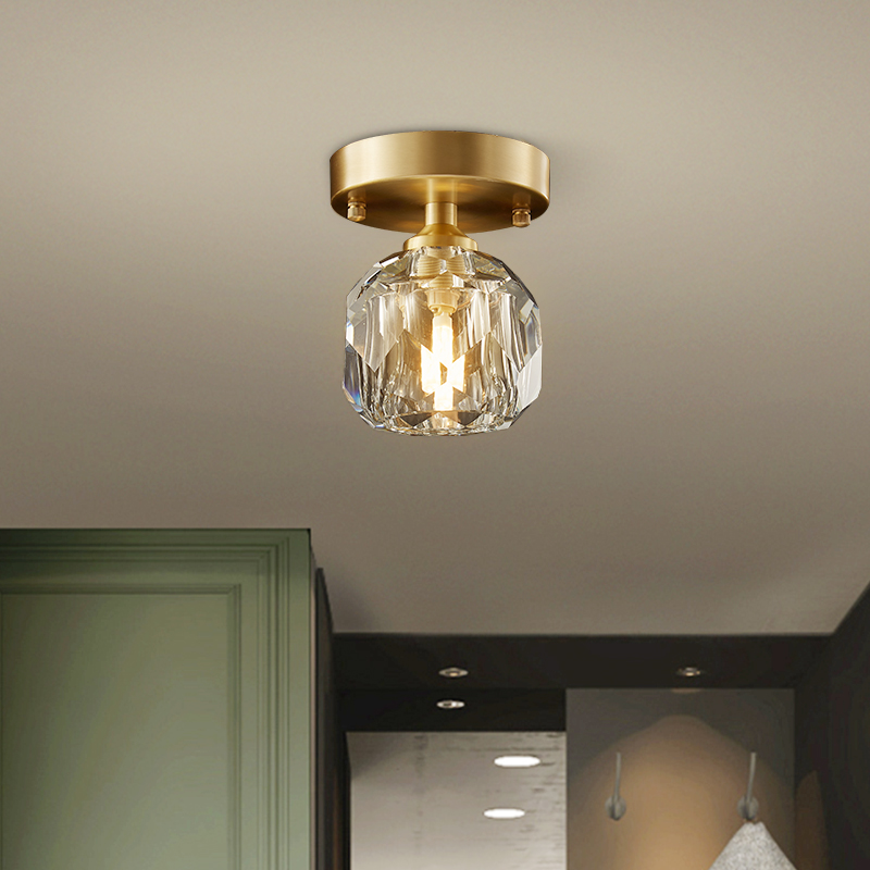 Mid-Century Small Brass Flush Mount Ceiling Light in Circle Crystal Shade