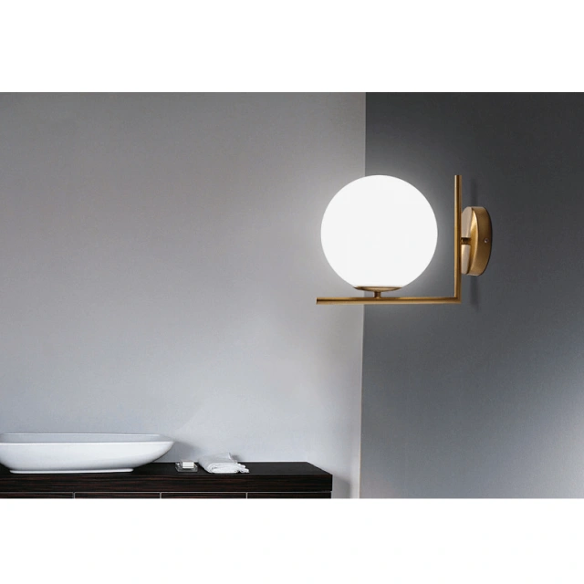 Modern Milk Globe Wall Sconce Lighting in Brass Finish with Blown Glass Opal Diffuser for Bedroom Hallway