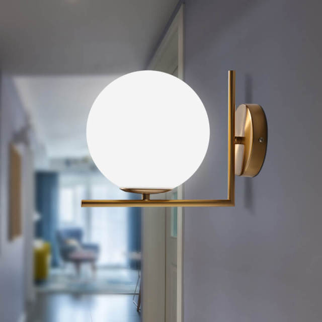 Modern Milk Globe Wall Sconce Lighting in Brass Finish with Blown Glass Opal Diffuser for Bedroom Hallway