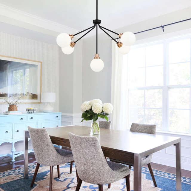 Glam Modern Opal Frosted Globes Sputnik Chandelier in Black Finish for Living /Dining Room