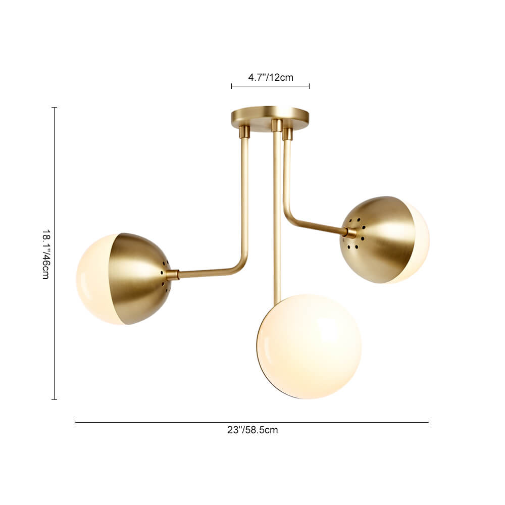 Modern Mid-century 3-Light Curved Arms Semi Flush Mount with Opal Globes for Living /Dining Room /Bedroom