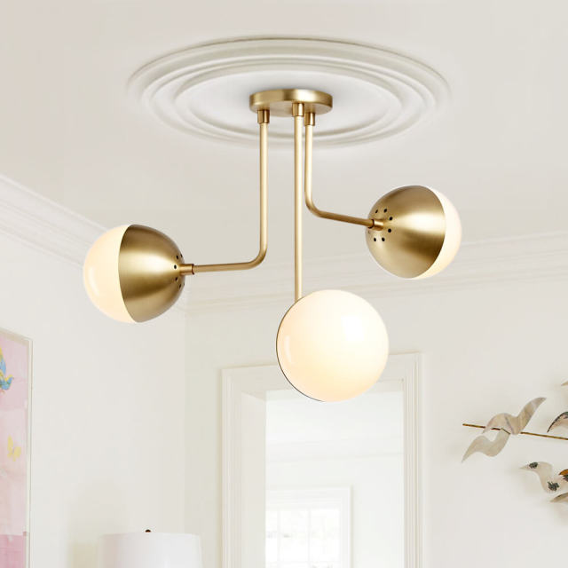 Modern Mid-century 3-Light Curved Arms Globes Semi Flush Mount with Opal Globes for Living /Dining Room /Bedroom