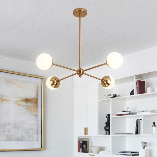 Mid Century Modern 6-Light Sputnik Chandelier in Brass with Globe Shade for Kitchen Entryway