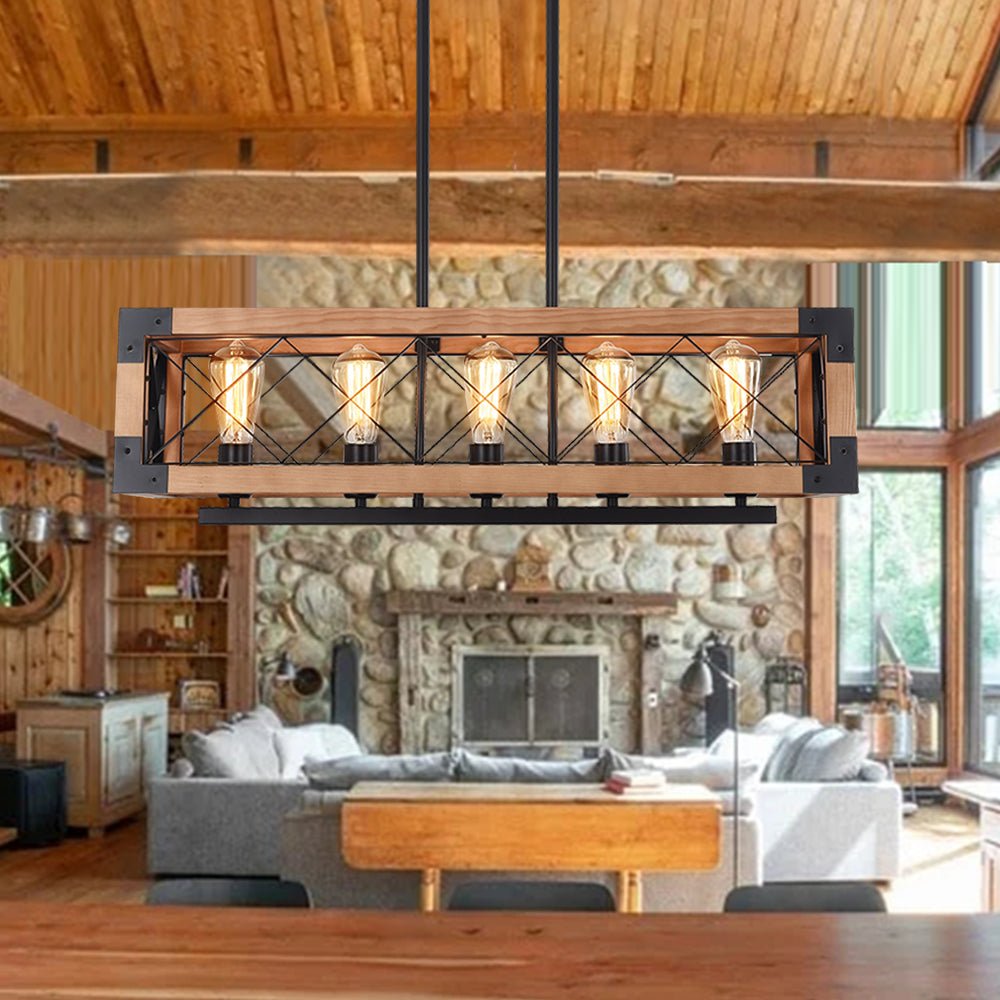 Modern Farmhouse Style Linear Wooden Chandelier 5-Light Rectangle Chandelier for Dining Table  Kitchen Island