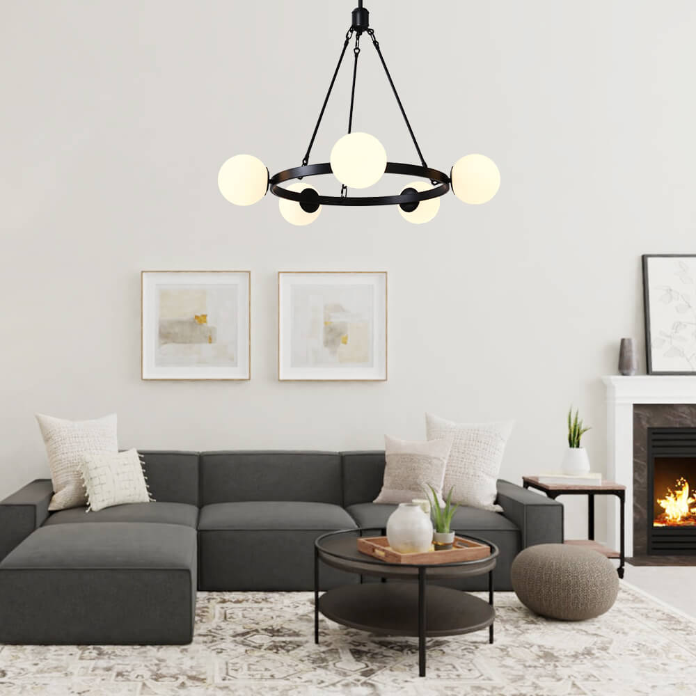 Modern Black 5-Lights Bubble Round Chandelier Light with Milk Glass Globes for Living Room/Dining Room/Restaurant