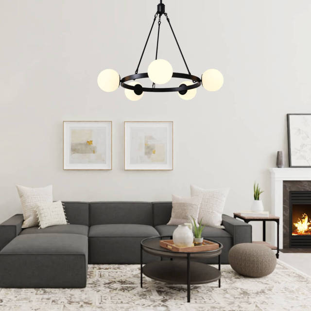 Modern Sophisticated 5-Lights Bubble Round Chandelier with Milk Glass Globes for Living Room/Dining Room/Restaurant