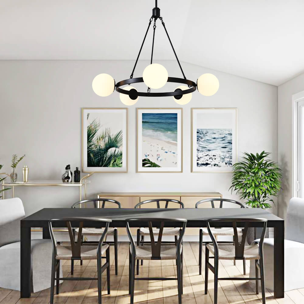 Modern Black 5-Lights Bubble Round Chandelier Light with Milk Glass Globes for Living Room/Dining Room/Restaurant