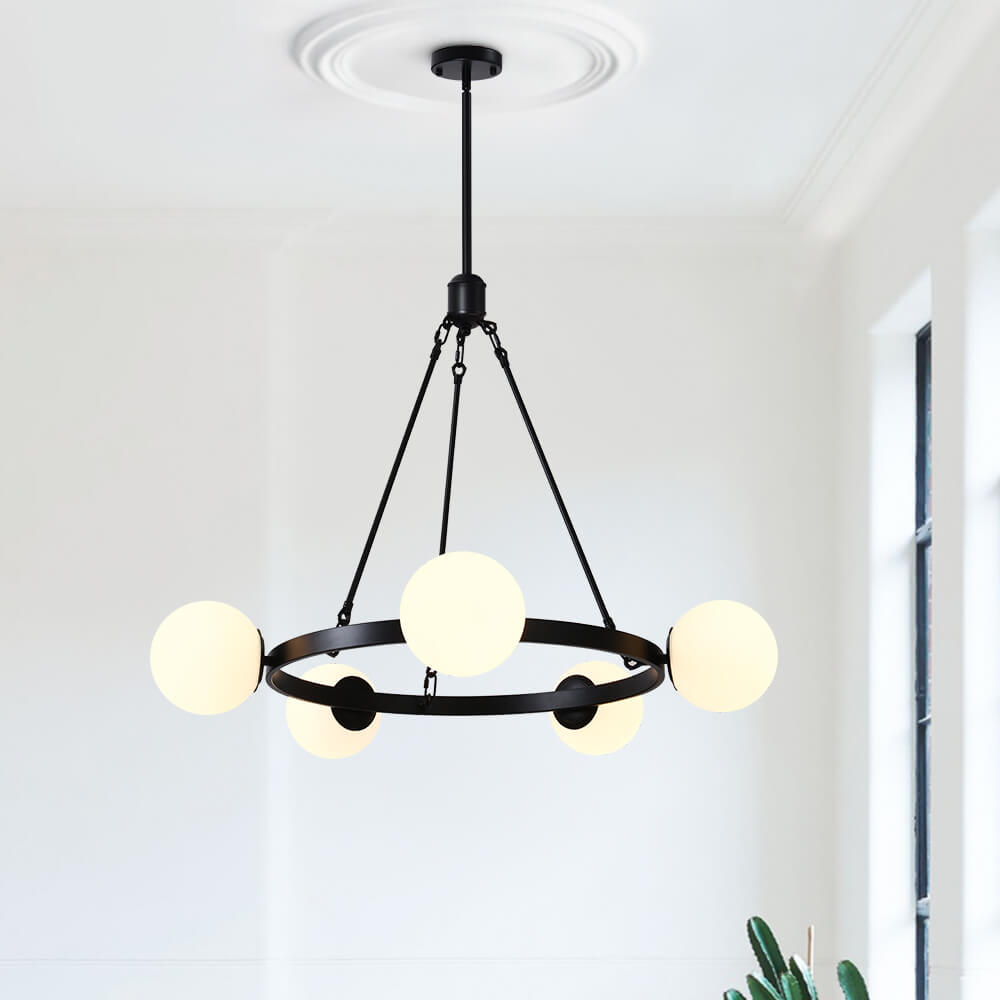 Modern Black 5-Lights Bubble Round Chandelier Light with Milk Glass Globes for Living Room/Dining Room/Restaurant