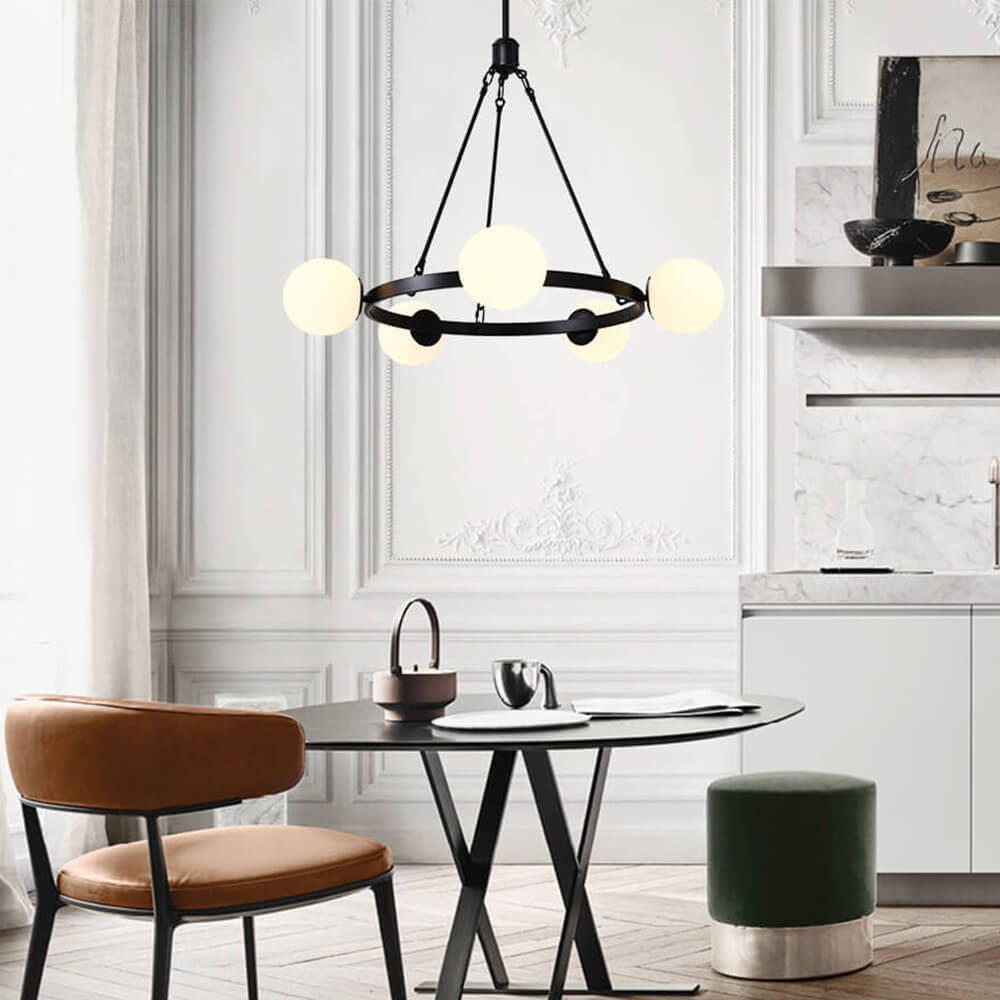 Modern Black 5-Lights Bubble Round Chandelier Light with Milk Glass Globes for Living Room/Dining Room/Restaurant