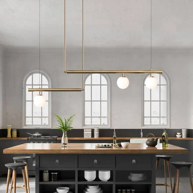 Mid Century Modern Linear Suspension Chandelier with Opal Globes for Kitchen Island Dining Table