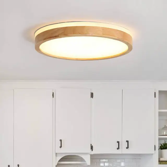 Scandinavian Modern Wooden Round Circle LED Dimmable Flush Mount Ceiling Light for Bedroom Kitchen Living Room Dining Room