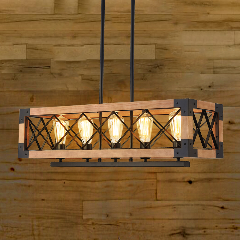 Modern Farmhouse Style Linear Wooden Chandelier 5-Light Rectangle Chandelier for Dining Table  Kitchen Island