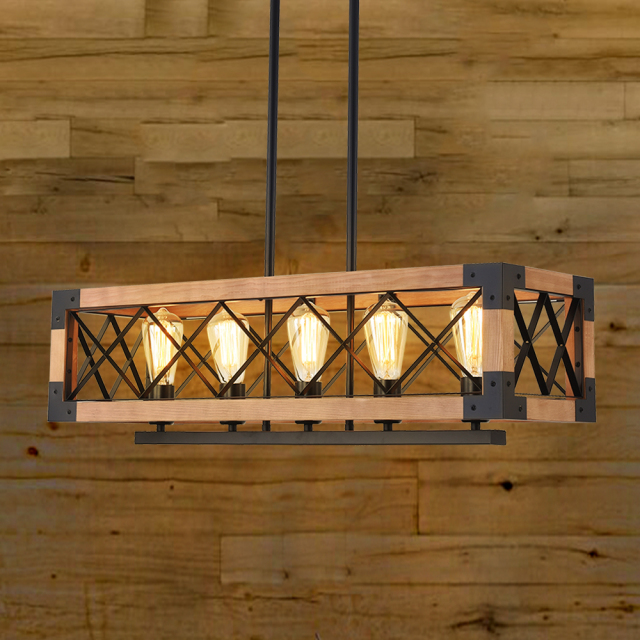 Linear Wooden Chandelier 5-Light Rectangle Chandelier for Kitchen Lighting Modern Farmhouse Style